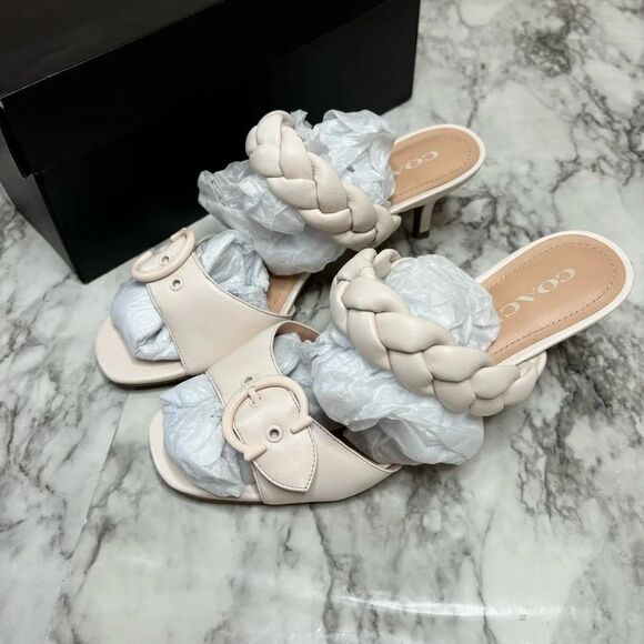Coach Mollie leather Sandals braided Kitten Heel size 9.5 color chalk Classic - Picture 3 of 10